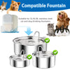 A multi-pack of stainless steel pet water fountains with replacement filters shown alongside cats and dogs.