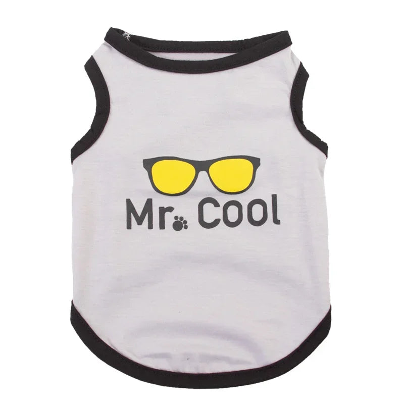 White sleeveless dog vest with black trim featuring the text Mr Cool in yellow sunglasses.