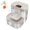 A clear pet water fountain with a lid and a separate tray for water, featuring a timer and battery.