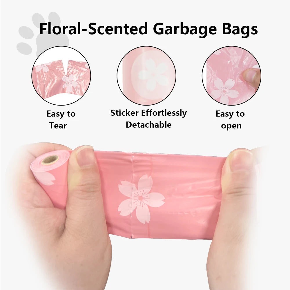 Pink floral-scented garbage bag being held by a hand, showing its tear-resistant and easy-to-open features.