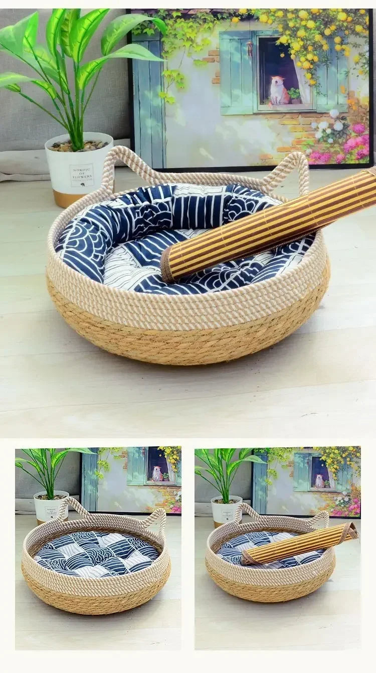 Woven rattan cat bed with a removable cushion and bamboo-style scratching stick on a light wooden floor.