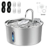 Stainless steel pet water fountain with a visible water level window and a sensor