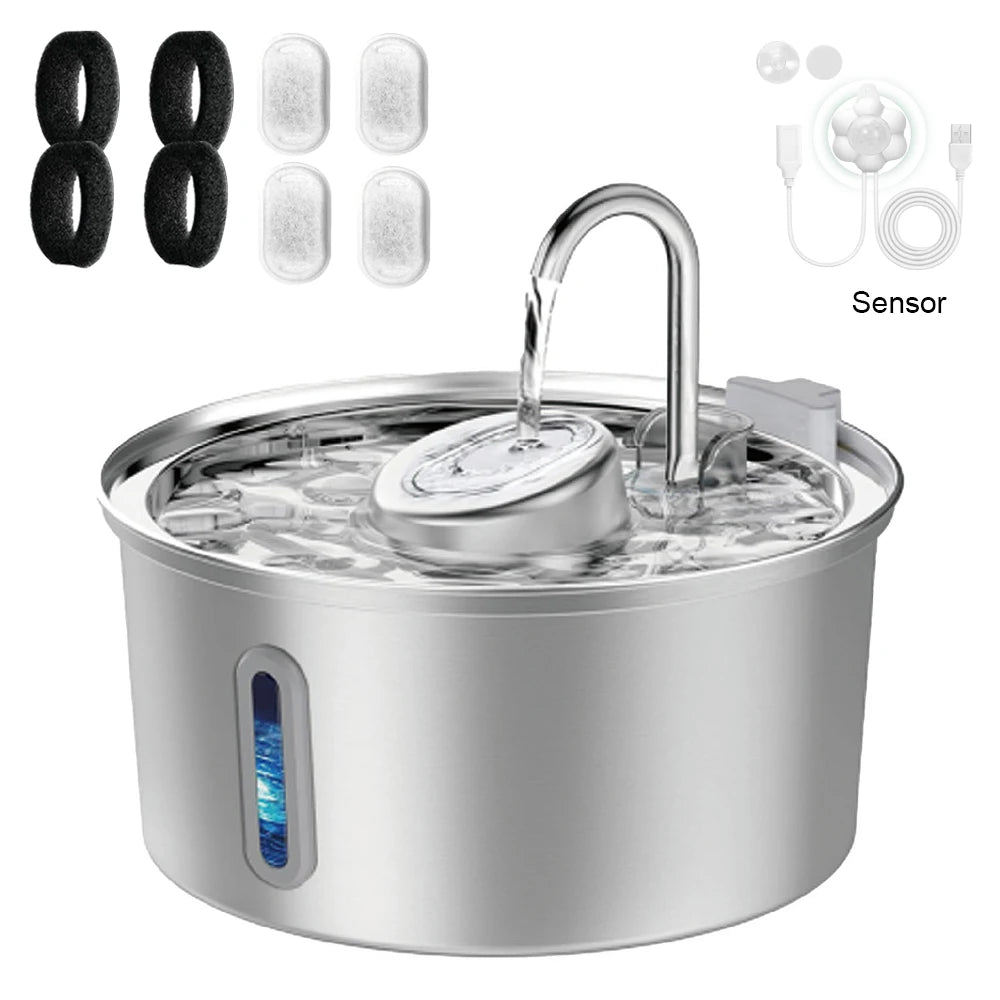 Stainless steel pet water fountain with a visible water level window and a sensor