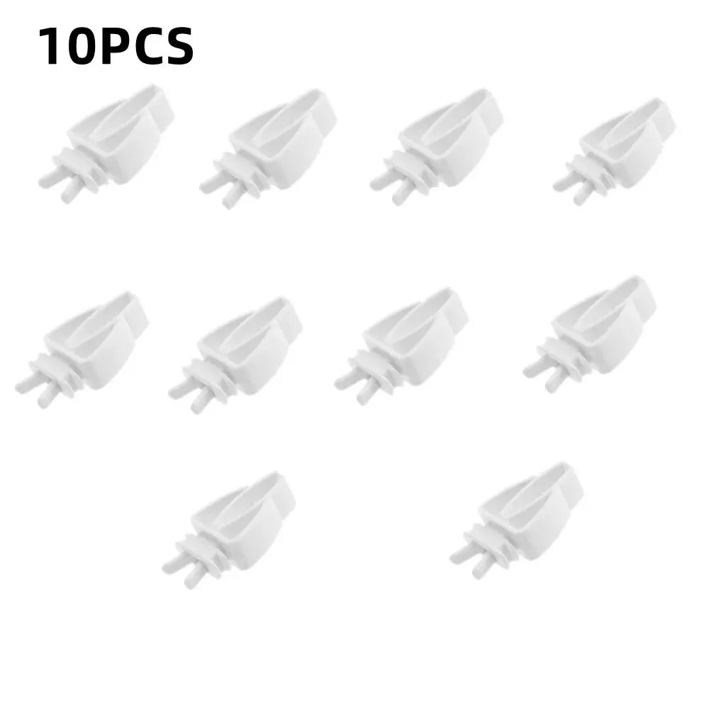 Ten white adjustable bird food clips or cages accessories.