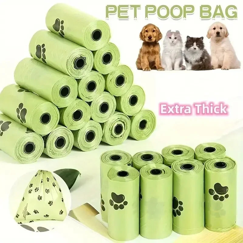 A stack of light green pet poop bags and several dogs are shown, emphasizing the extra thick product.