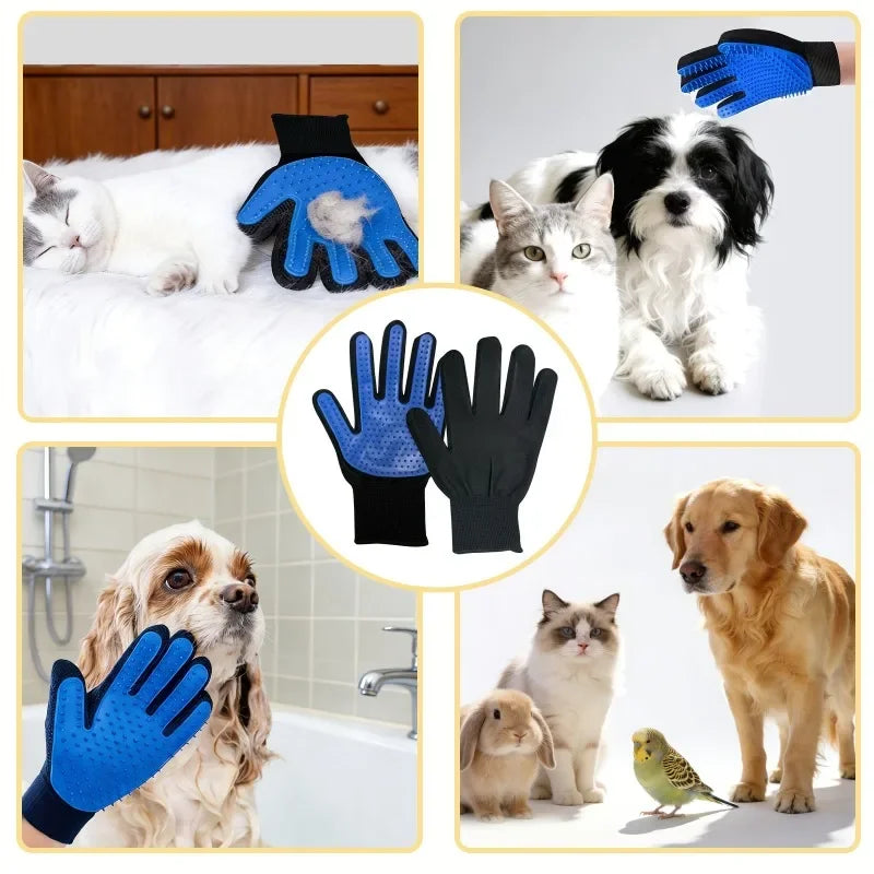 A collection of blue and black pet massage cleaning gloves shown in use with dogs and cats.