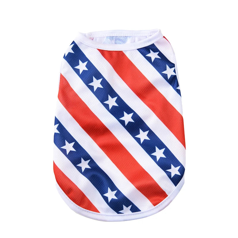 A patriotic Independence Day dog vest featuring red, white, and blue stripes and stars.