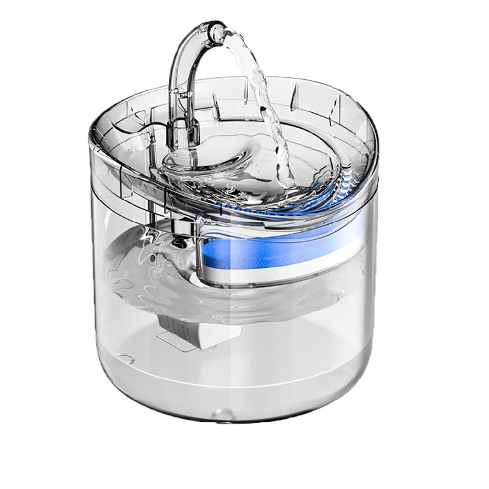 A clear pet water fountain with a spout is shown, featuring a blue filter component.
