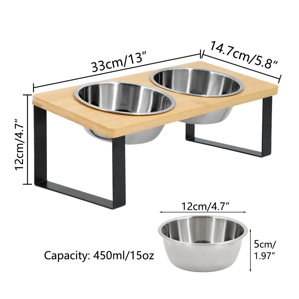 A wooden elevated stand holding two stainless steel bowls for food, designed as cat bowls.
