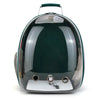 A dark green portable transparent pet backpack for dogs and cats with a silver handle.
