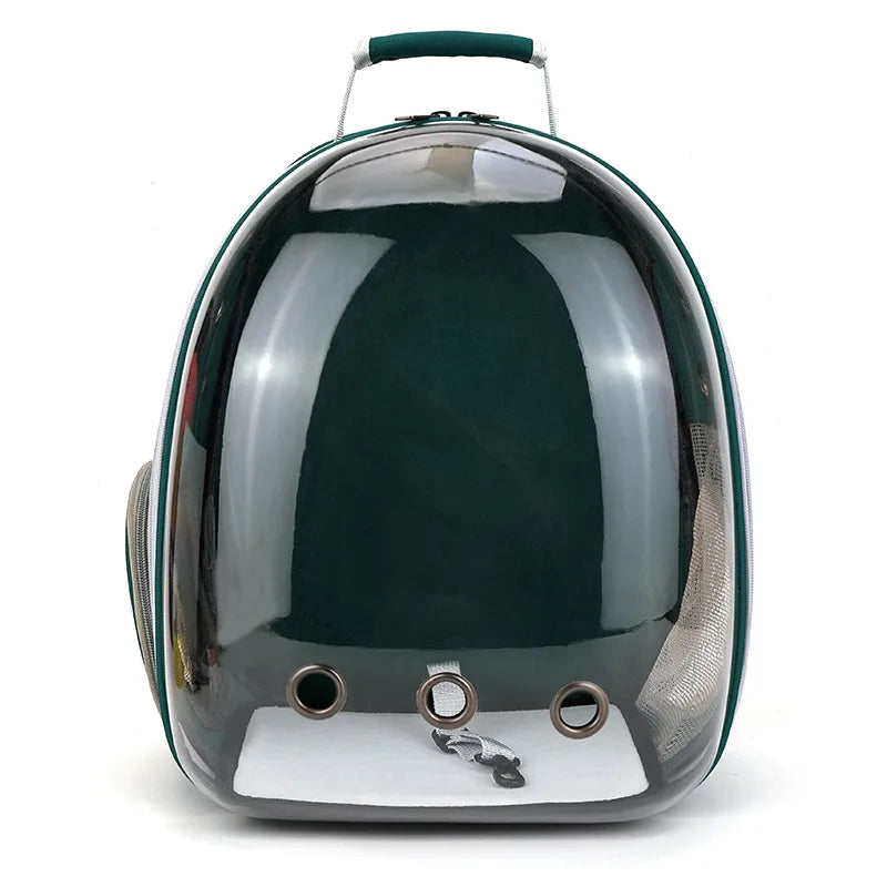 A dark green portable transparent pet backpack for dogs and cats with a silver handle.