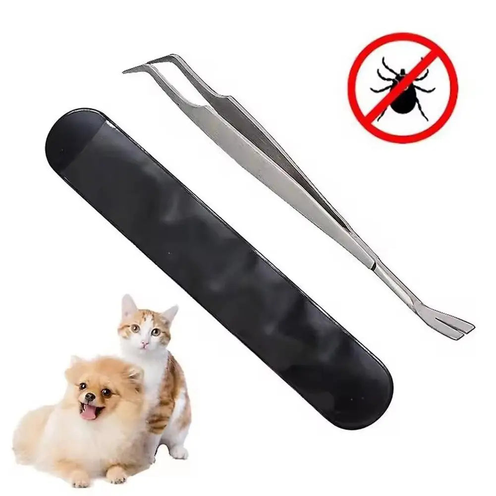 A precision tick and flea remover tool is shown next to a small dog.