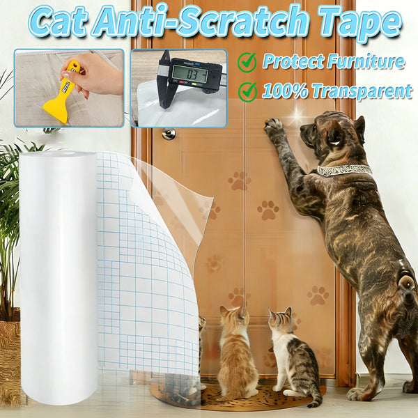 A cat is scratching against a transparent anti-scratch tape applied to a wooden door, with other cats nearby.