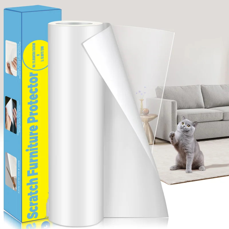 Un rouleau de ruban anti-rayure pour meubles, à côté de son emballage et d'un chat sur un canapé.