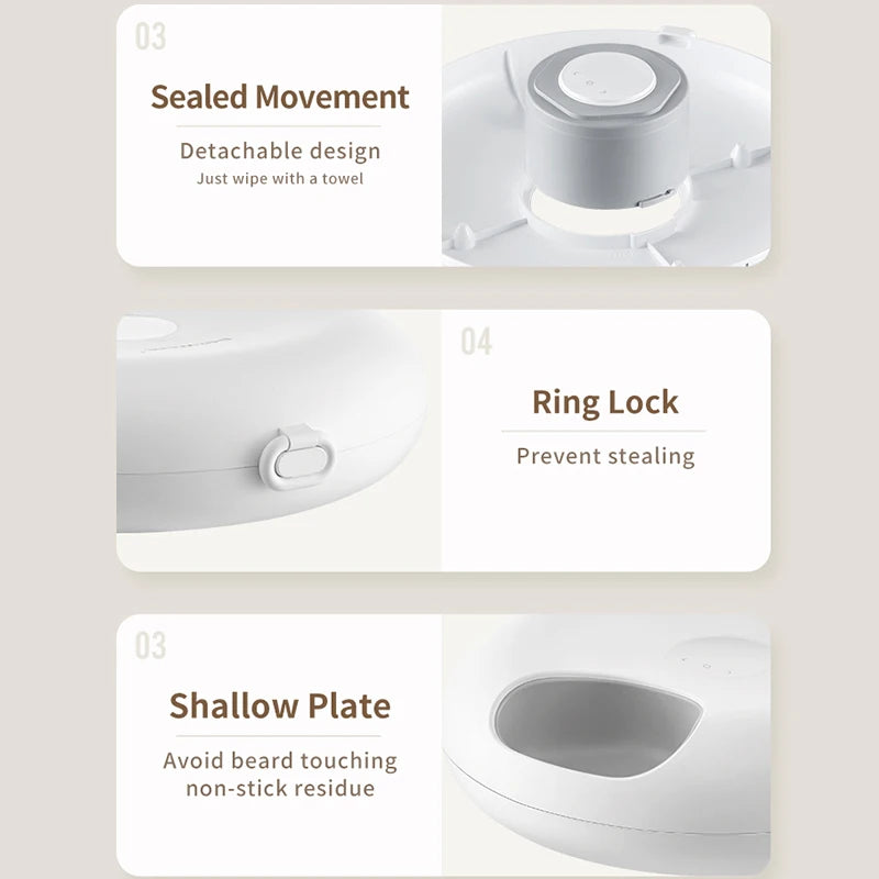 Diagram showing three features of a pet feeder: Sealed Movement, Ring Lock, and Shallow Plate.