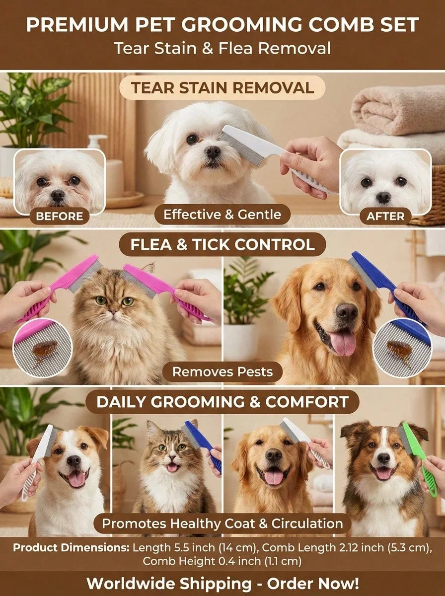 A set of pet grooming combs for tear stain and flea removal shown alongside dogs and cats.