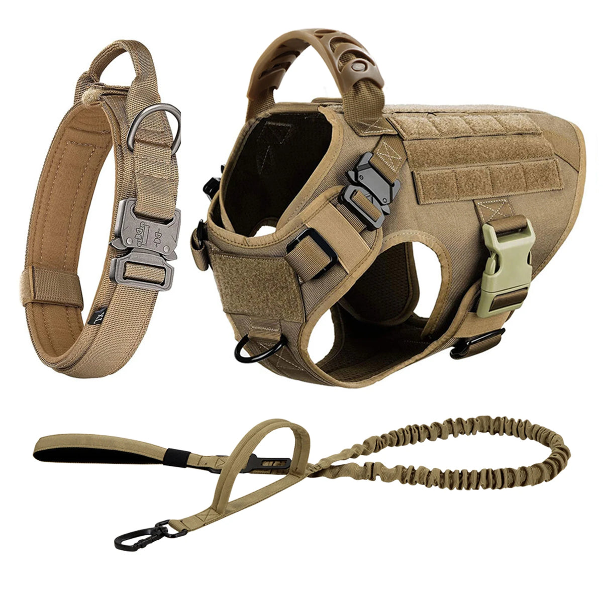 A tan durable dog harness and leash set for training, shown with the harness and a separate leash.