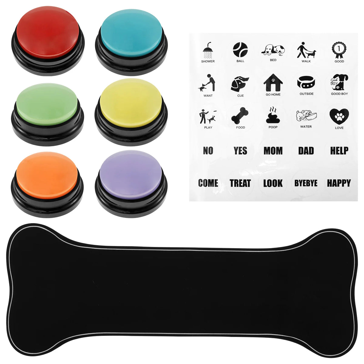 A set of colorful dog communication buttons and a black non-slip mat for pet training.