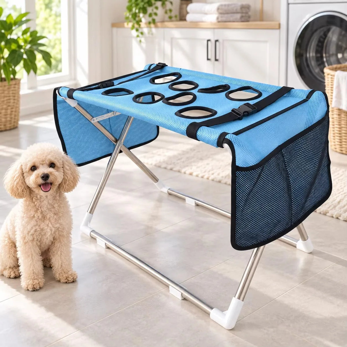 A blue and black foldable pet bath hammock stand is shown with a small dog sitting next to it.