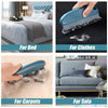 A portable brush is shown being used to remove pet hair and fabric from a bed, clothes, carpets, and sofa.