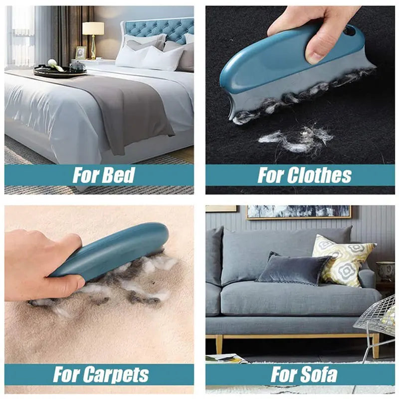 A portable brush is shown being used to remove pet hair and fabric from a bed, clothes, carpets, and sofa.