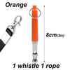 Orange ultrasonic dog whistle with a silver clip and rope for pet training