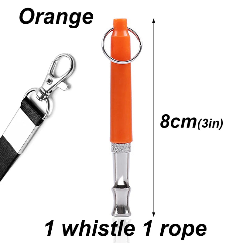 Orange ultrasonic dog whistle with a silver clip and rope for pet training
