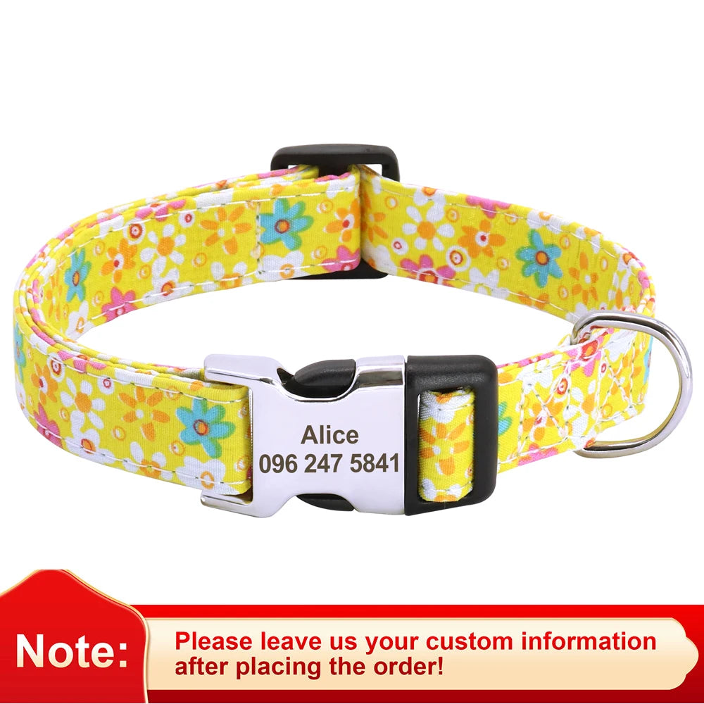Yellow floral print dog collar with a silver name tag and buckle.