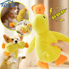 A yellow plush duck dog chew toy is shown next to a golden retriever, with smaller versions of the toy visible in inset photo