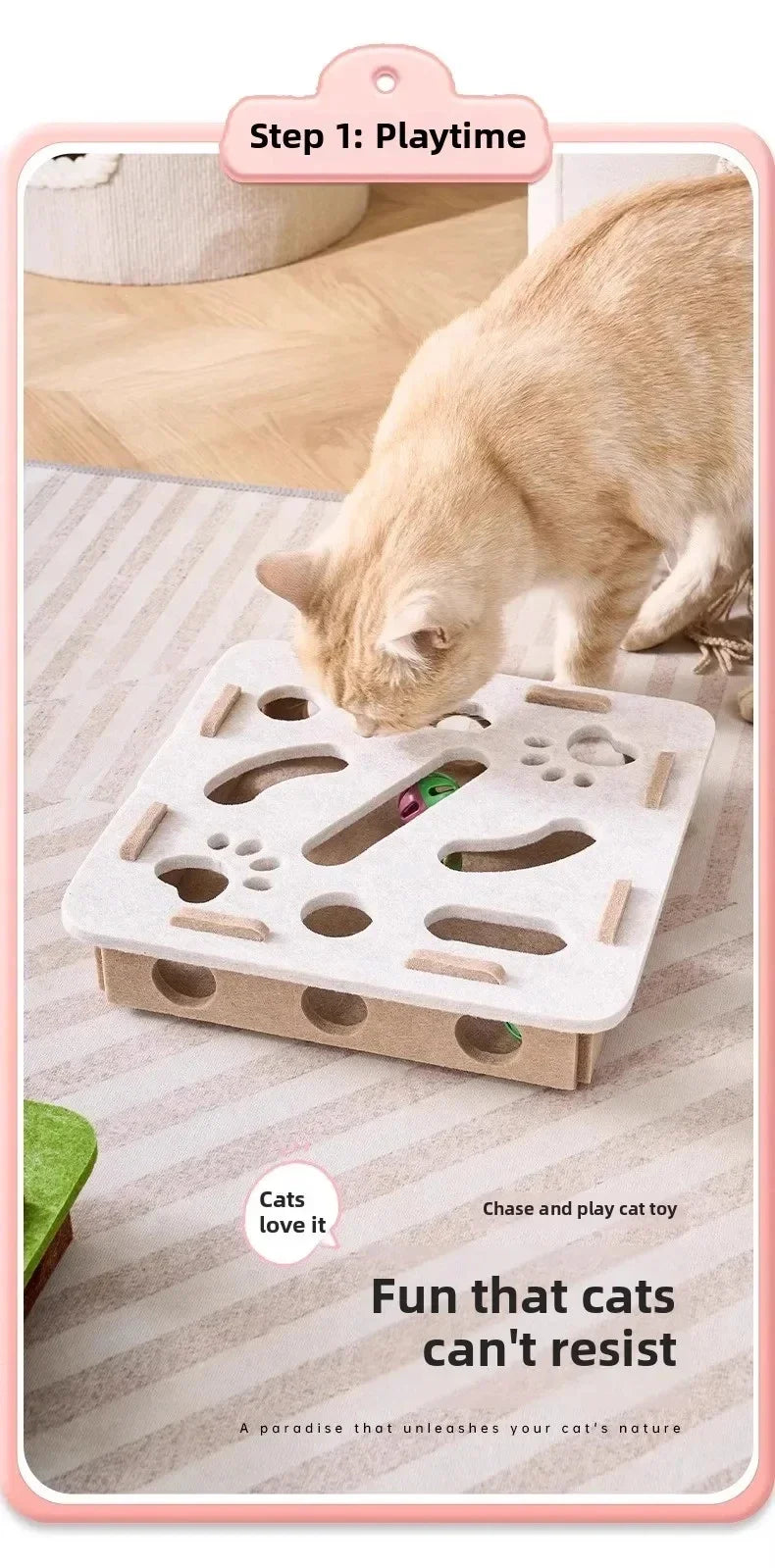 A cat is playing with an interactive felt puzzle toy designed for playtime.