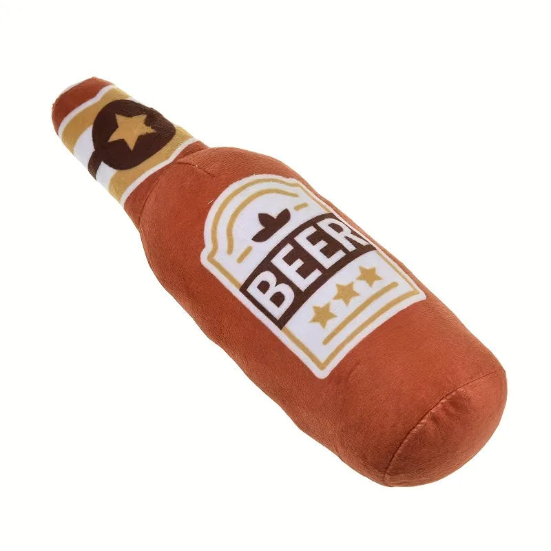 A brown squeaky dog toy shaped like a beer bottle with a star design.