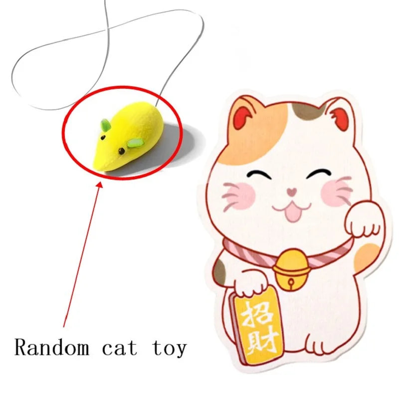 A cute, round yellow cat toy is shown with a string, next to a sticker of a cartoon cat.