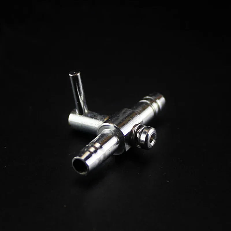 A silver 5-way aquarium air flow splitter valve with multiple outlets.
