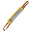 A durable jute tug of war toy with yellow and striped fabric handles for dog training.
