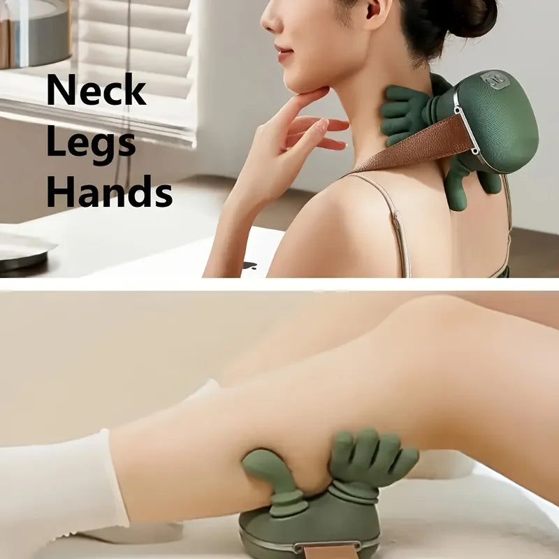 A close-up of a green silicone massager is applied to a person's neck and shoulder area.