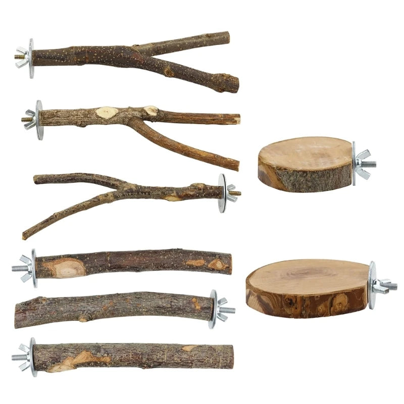 Eight pieces of natural wood branches used as a parrot perch stand for bird play and exercise