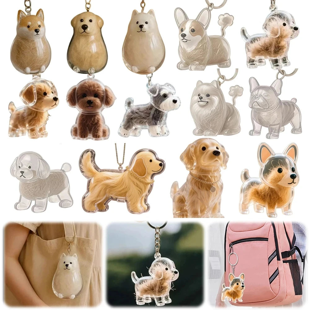 A collection of dog hair keepsakes pendants and charms for keychains, featuring various breeds and colors.