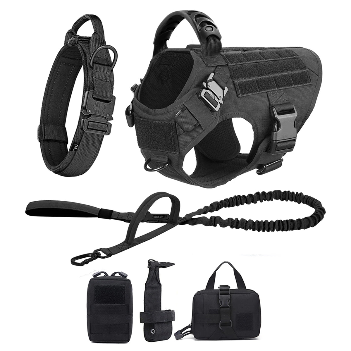 A black durable dog harness, leash, and training pouch set for dogs.