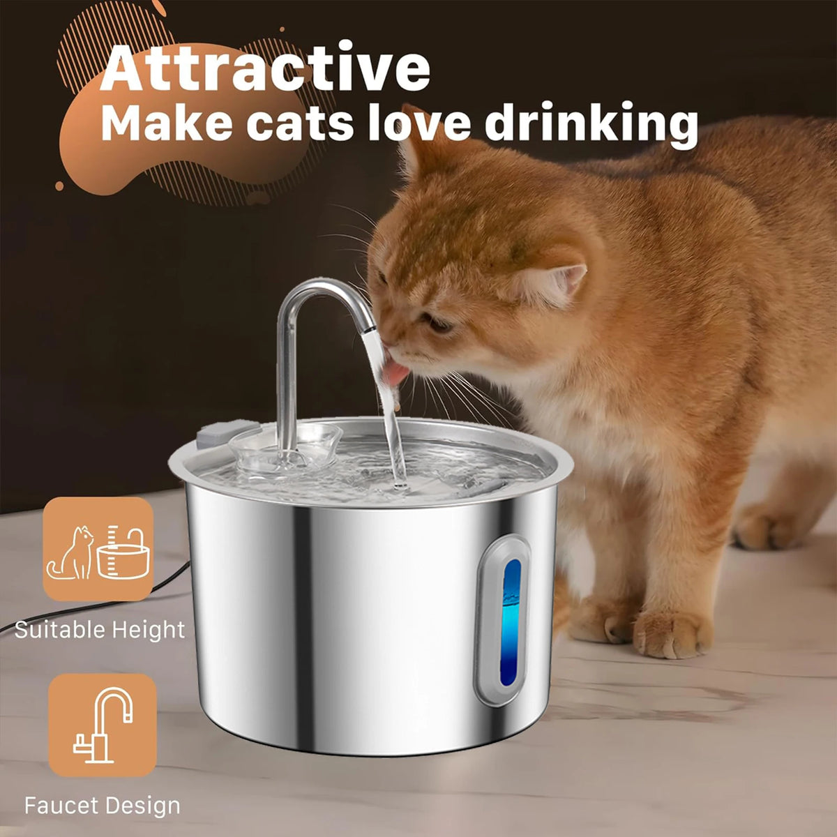 A ginger cat is drinking water from a stainless steel cat water fountain with a faucet design.