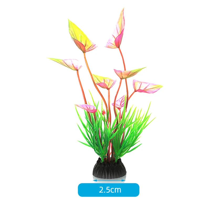 A vibrant arrangement of realistic aquarium plants with pink and yellow leaves growing from a dark base.