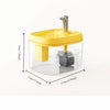 A yellow pet drinking fountain with a clear container and a metal spout is shown against a white background.