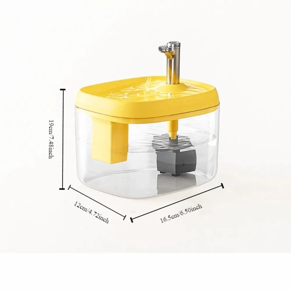 A yellow pet drinking fountain with a clear container and a metal spout is shown against a white background.
