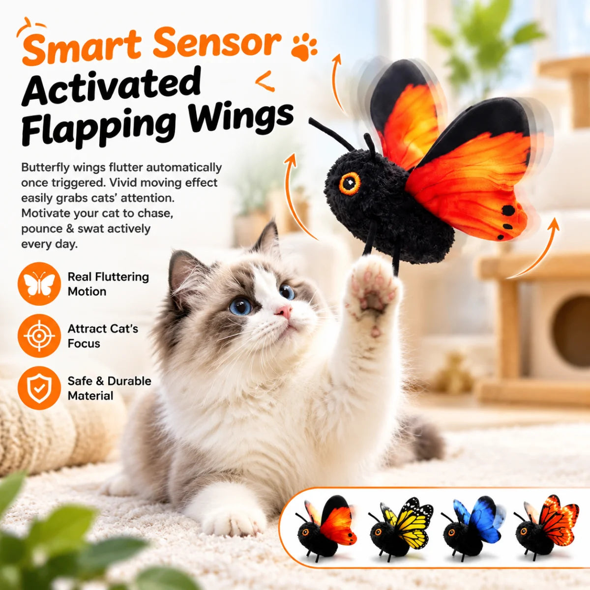 A fluffy white cat interacts with a black and orange butterfly toy that activates flapping wings.