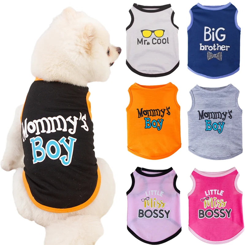 A collection of letter print sleeveless dog vests for boys and girls in various colors like black blue orange and gray