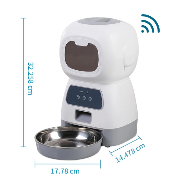 A white smart WiFi pet feeder with a bowl, showing its dimensions and wireless signal icon.