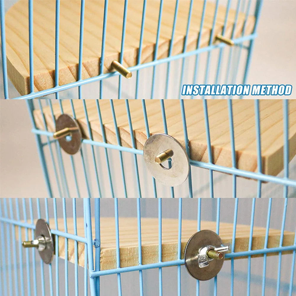 Installation method showing a fan-shaped wooden bird perch being attached to a blue wire cage.