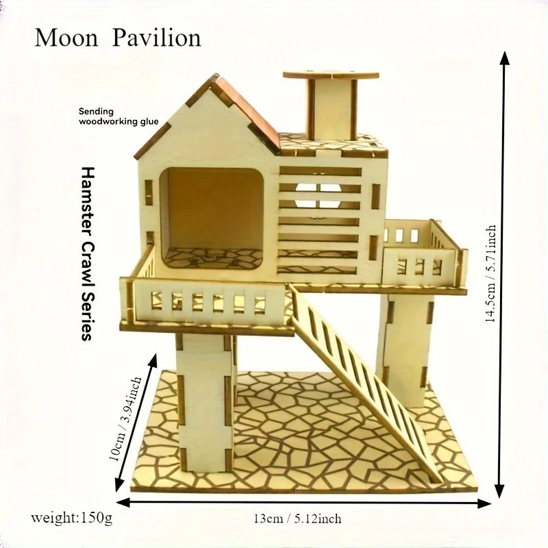 A wooden hamster crawl series playground set featuring a house, platform, and ladder on a textured floor.