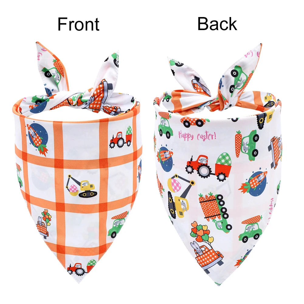 Front and back views of an Easter reversible dog bandana featuring bunny and egg prints