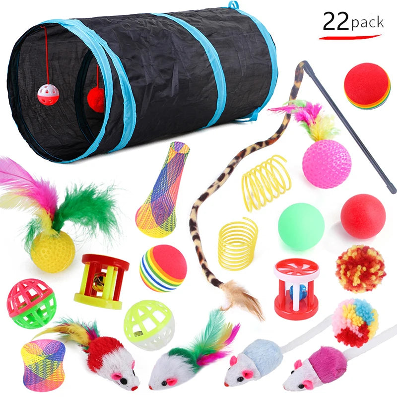 A set of interactive cat play toys including a black fabric tunnel, mouse balls, and a feather wand with various colored feat