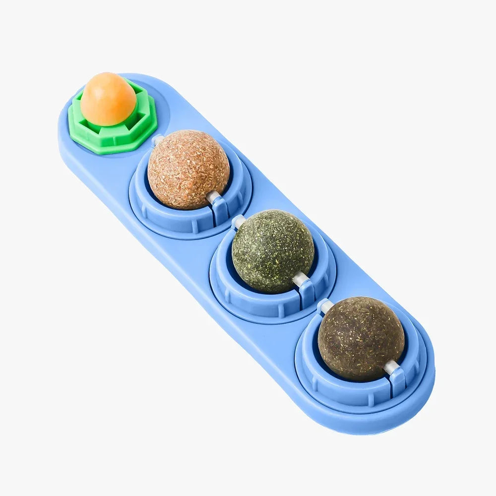 A blue dental chew toy with four compartments holding different colored catnip and silvervine balls.